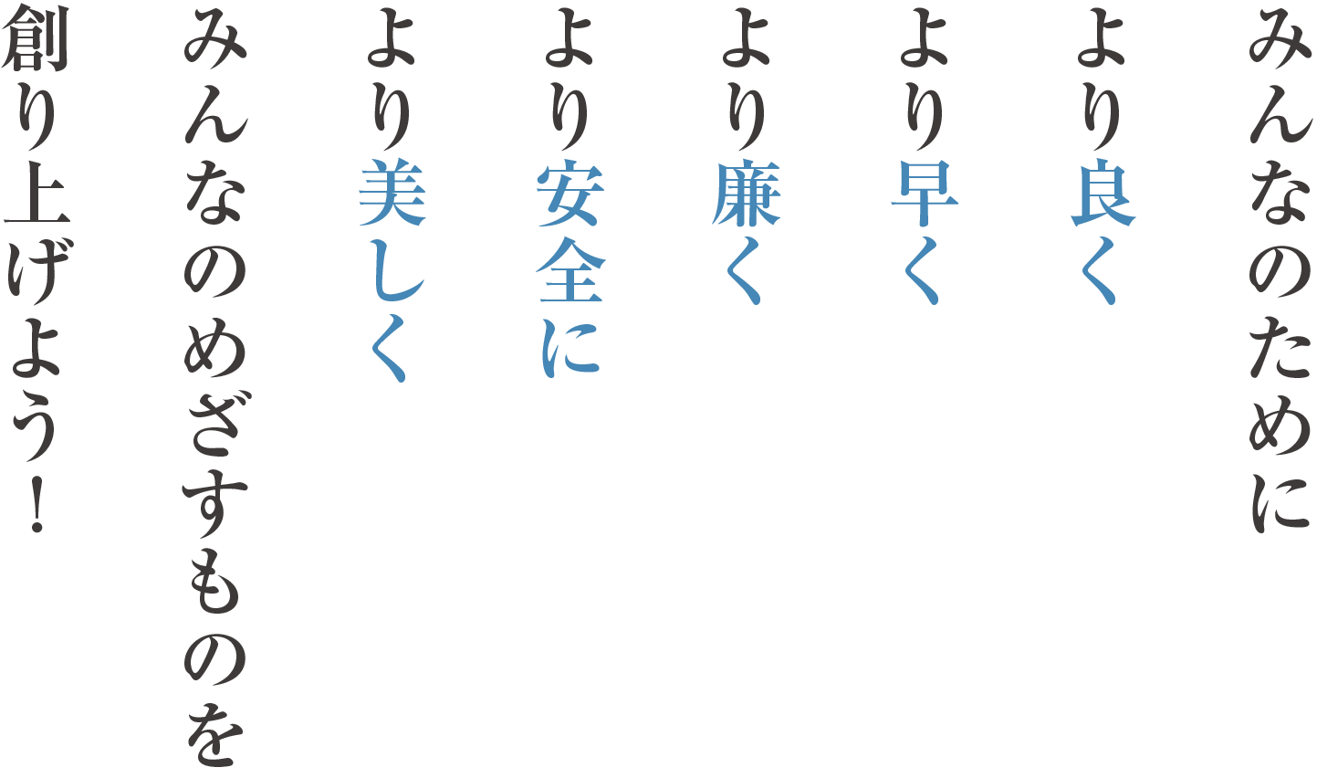 みんなのためにより良くより早くより廉くより安全により美しくみんなのめざすものを創り上げよう！